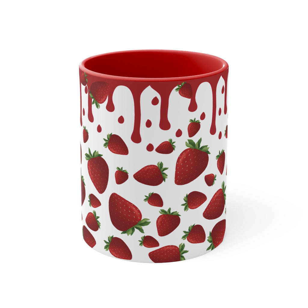 Strawberry Drip Accent Mug - Cute Kitchenware, Gift for Fruit Lovers, Unique Coffee Cup, Strawberry Theme Drinkware